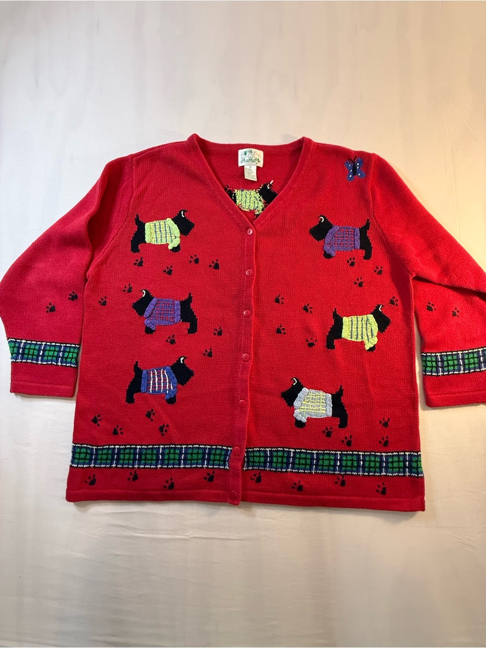 Quacker Factory Red Cardigan with Scottie Dog Intarsia